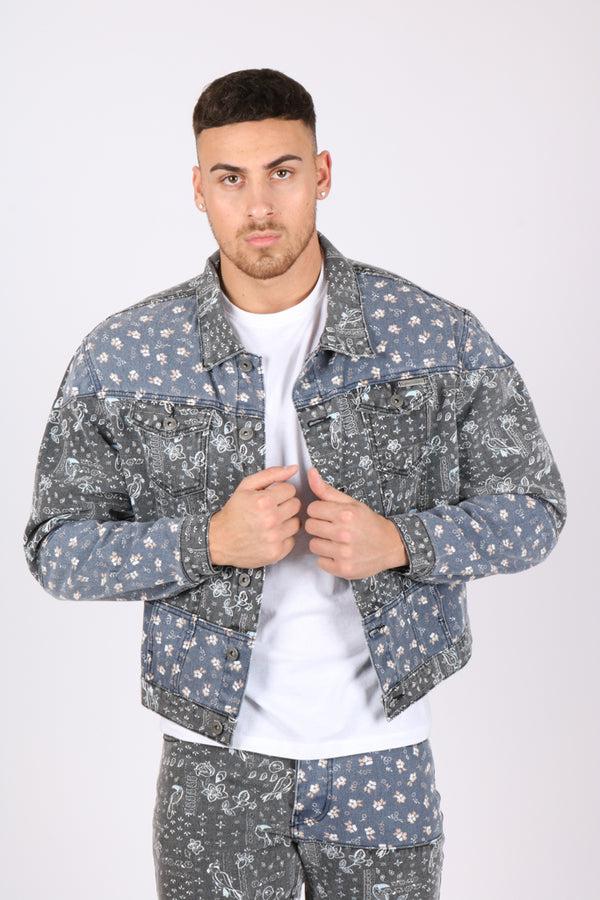 Liquor & Poker Oversized Trucker Jacket In Black Floral And Blue Paisley Splicing