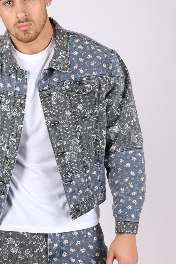 Liquor & Poker Oversized Trucker Jacket In Black Floral And Blue Paisley Splicing
