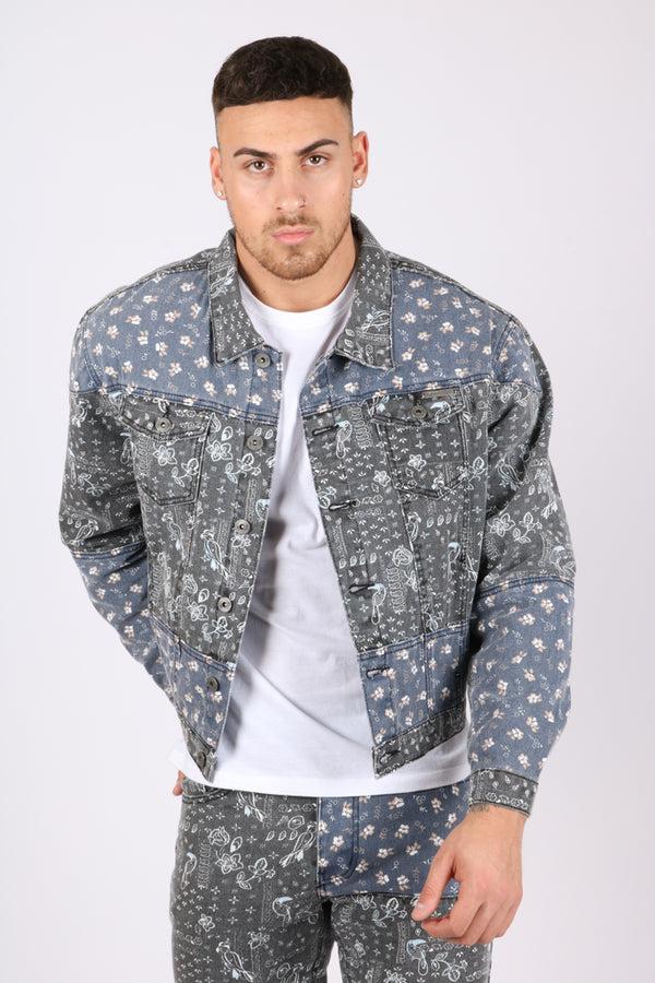 liquor & poker Oversized Trucker Jacket In Black Floral And Blue Paisley Splicing