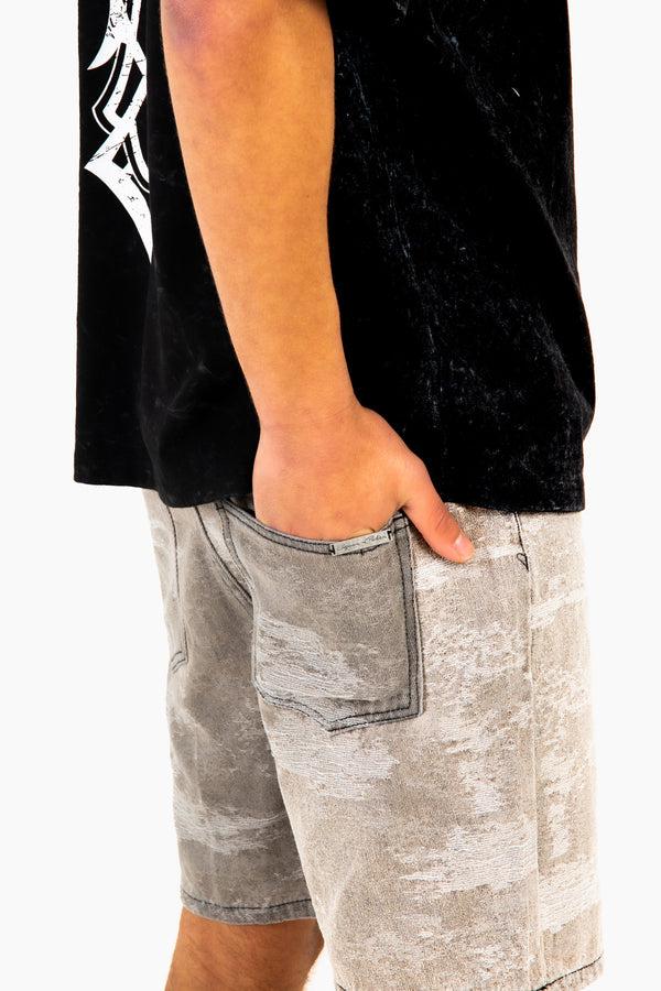 Liquor & Poker Oversized Washed Grey Textured Denim Shorts
