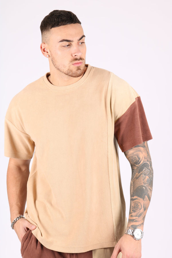 Liquor & Poker Polar Beige Oversized T-Shirt With Spliced Brown Panelling