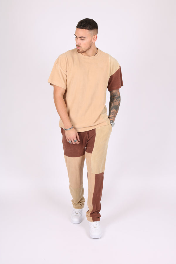 Liquor & Poker Polar Beige Oversized T-Shirt With Spliced Brown Panelling