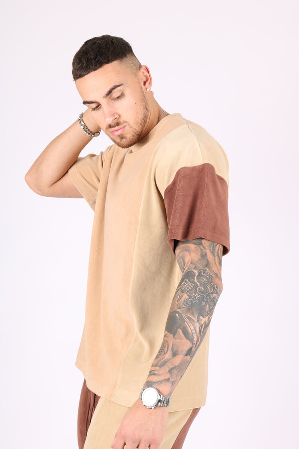 liquor & poker Polar Beige Oversized T-Shirt With Spliced Brown Panelling
