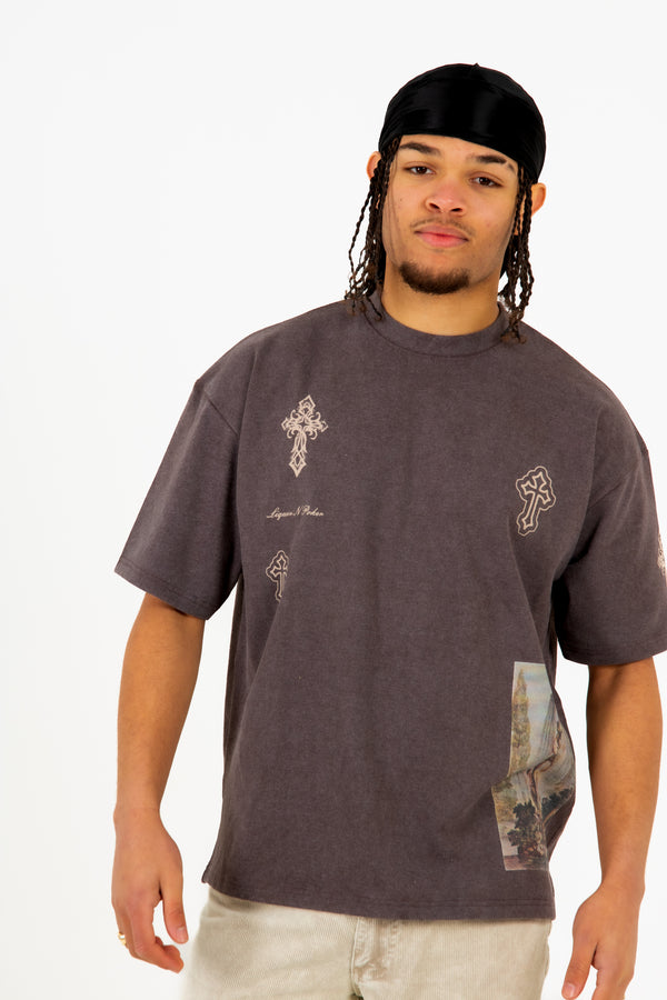 Liquor & Poker Premium Oversized Washed Brown 'Eternal Paradise' Printed T-Shirt