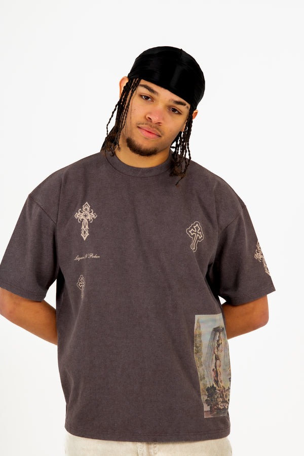 liquor & poker Premium Oversized Washed Brown 'Eternal Paradise' Printed T-Shirt