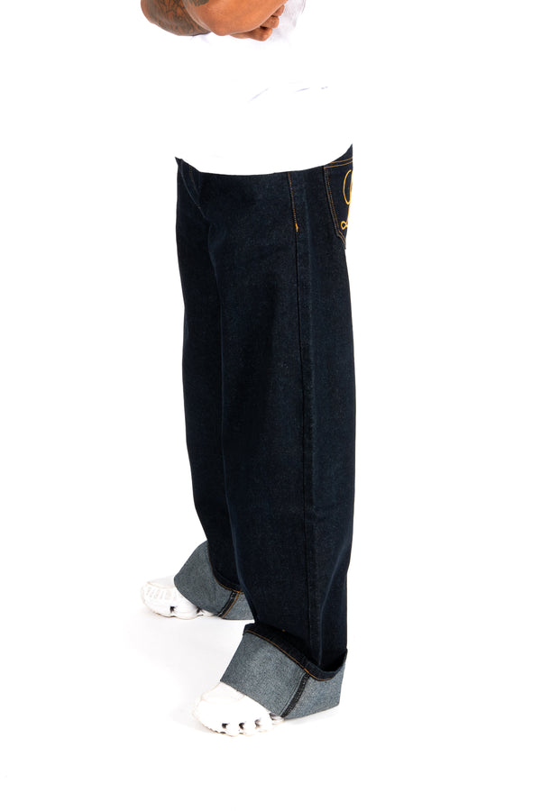 Liquor & Poker Raw Indigo Mid Rise Contrast Stitch Baggy Jeans