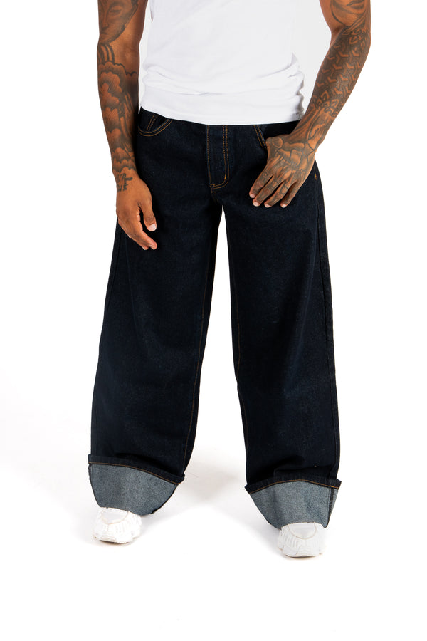 Liquor & Poker Raw Indigo Mid Rise Contrast Stitch Baggy Jeans