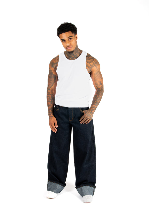 Liquor & Poker Raw Indigo Mid Rise Contrast Stitch Baggy Jeans