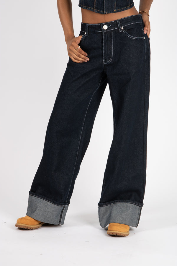Liquor & Poker Raw Indigo Mid Rise Contrast Stitch Baggy Jeans