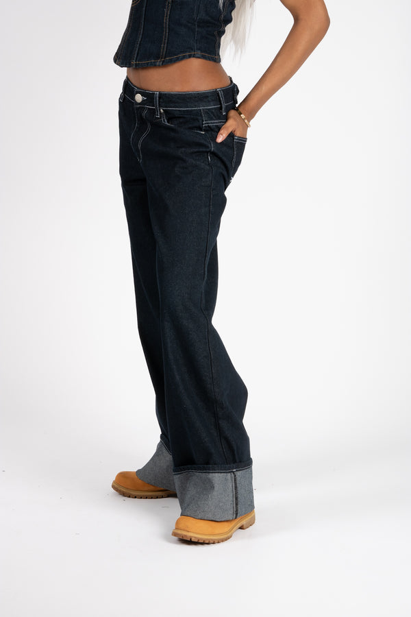 Liquor & Poker Raw Indigo Mid Rise Contrast Stitch Baggy Jeans