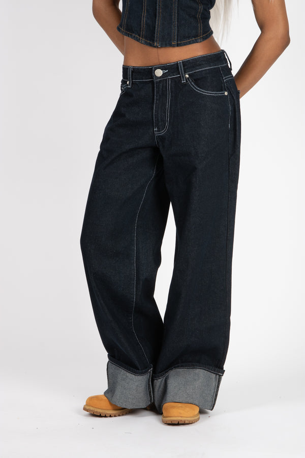 Liquor & Poker Raw Indigo Mid Rise Contrast Stitch Baggy Jeans