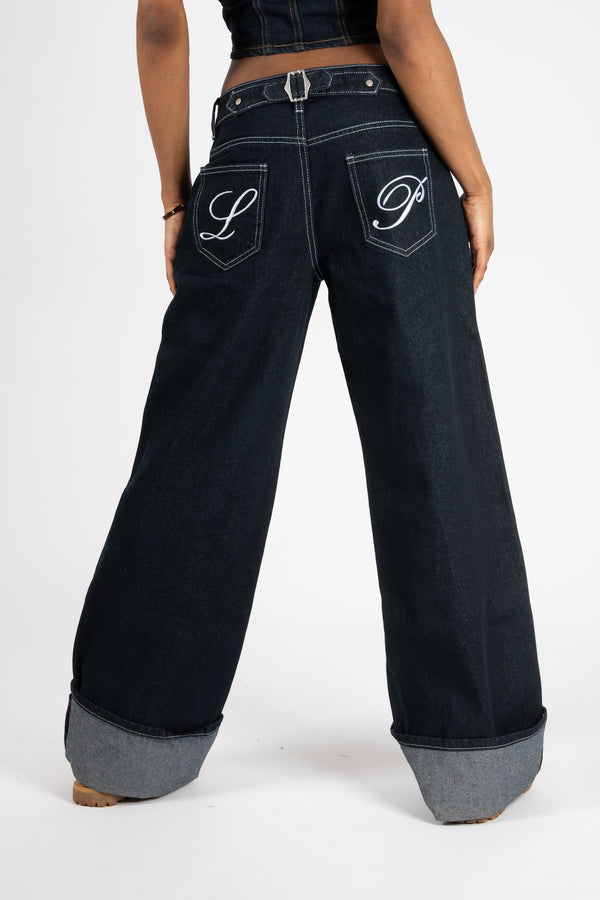 liquor & poker Raw Indigo Mid Rise Contrast Stitch Baggy Jeans