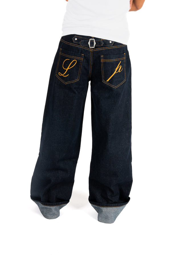 liquor & poker Raw Indigo Mid Rise Contrast Stitch Baggy Jeans