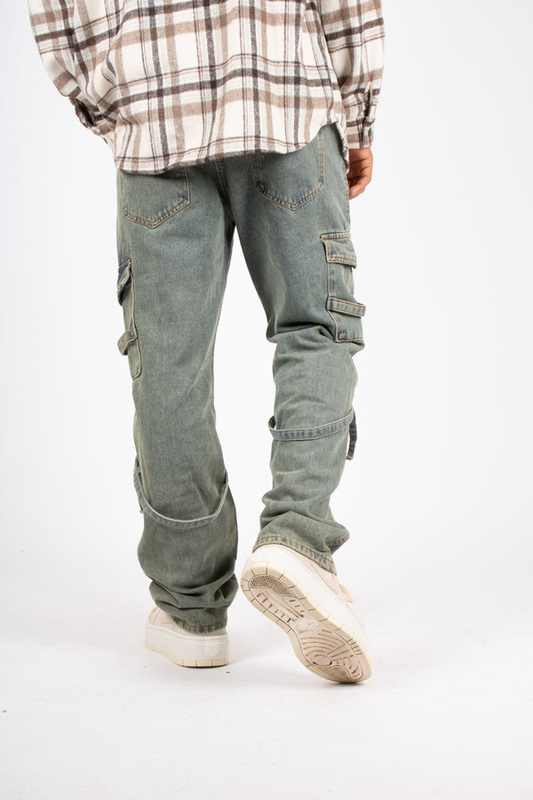 Liquor & Poker Relaxed Dirty Wash Cargo Pants With Strap Detail