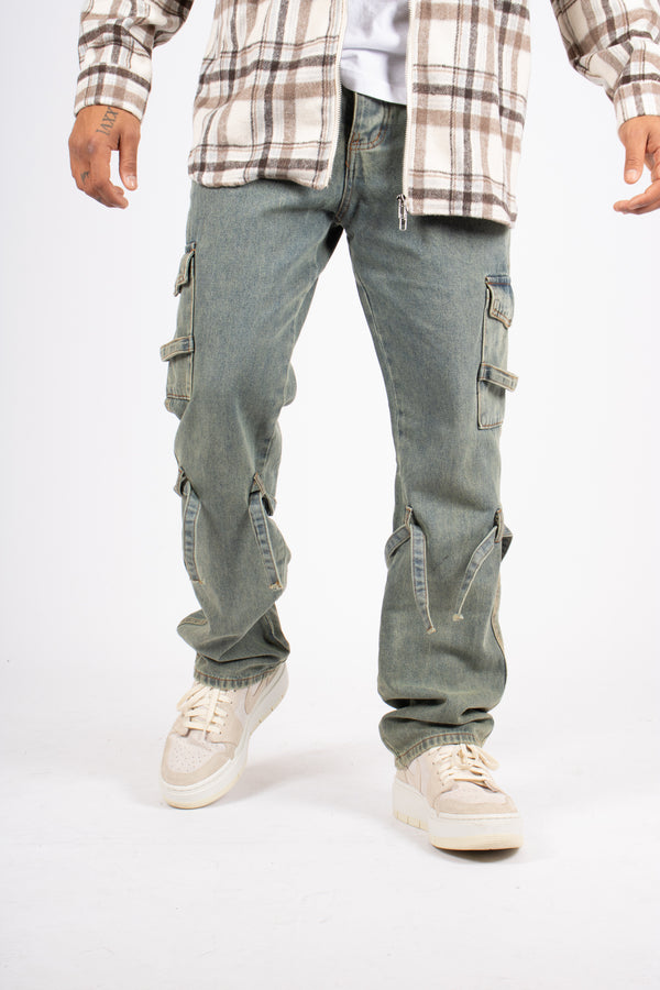 Liquor & Poker Relaxed Dirty Wash Cargo Pants With Strap Detail