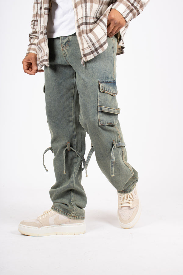 liquor & poker Relaxed Dirty Wash Cargo Pants With Strap Detail