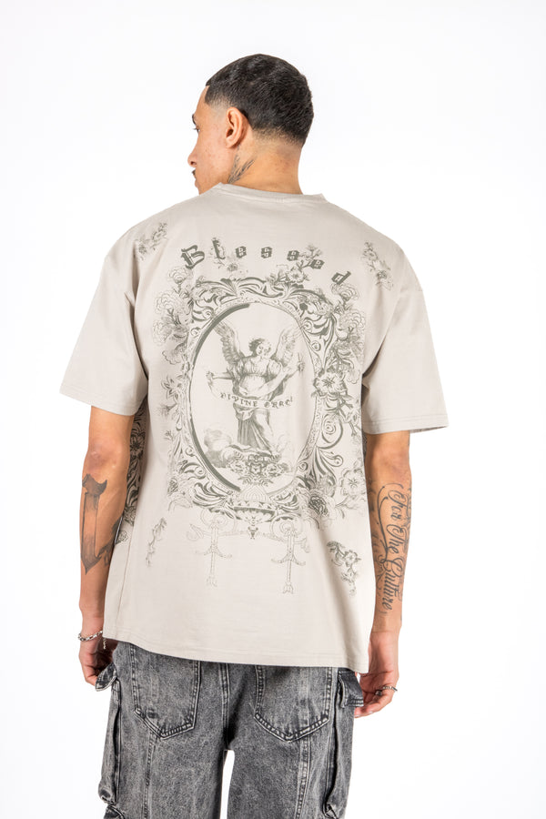 Liquor & Poker Relaxed Fit Royal Emblem Back Printed Beige T-Shirt