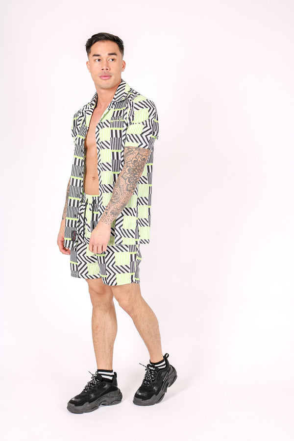 Liquor & Poker Revere Collar Shirt In Geometric Lime Print