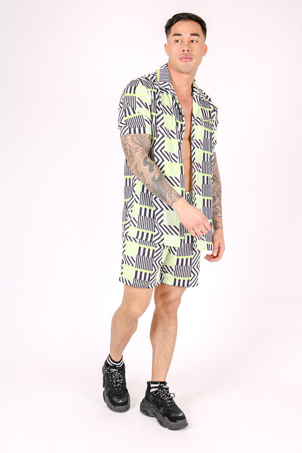 Liquor & Poker Revere Collar Shirt In Geometric Lime Print
