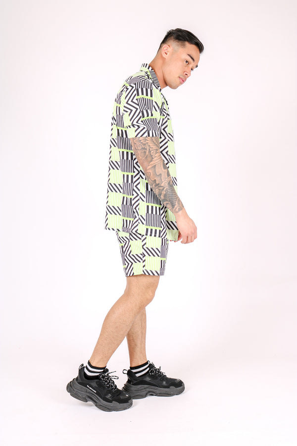 Liquor & Poker Revere Collar Shirt In Geometric Lime Print