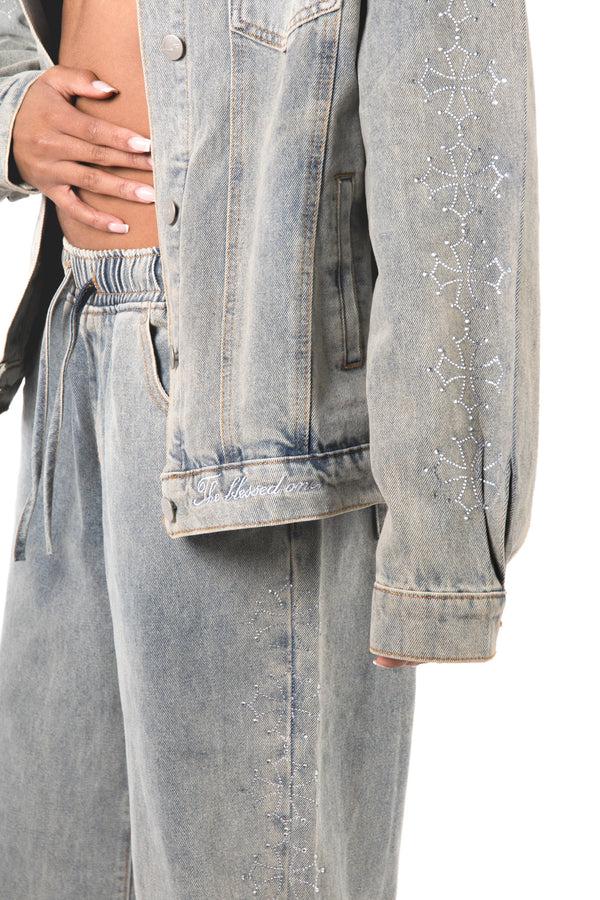 Liquor & Poker Rhinestone Embellished Denim Boyfriend Fit Denim Jacket
