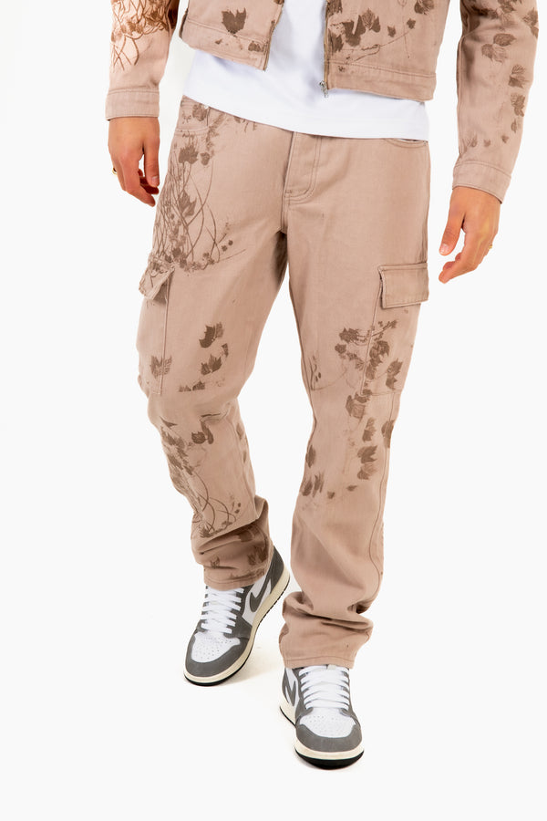 liquor & poker Sand & Brown Floral Twill Relaxed Cargo Jeans