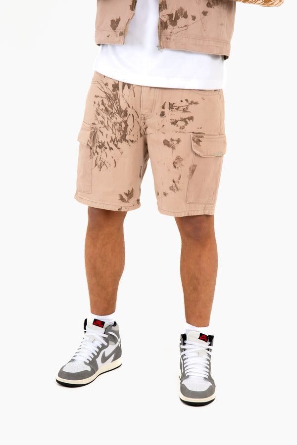 liquor & poker Sand & Brown Floral Twill Relaxed Cargo Shorts