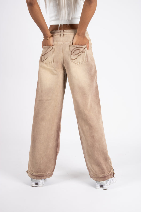 Liquor & Poker Sand Wash Brown Contrast Stitch Barrel Varsity Jeans
