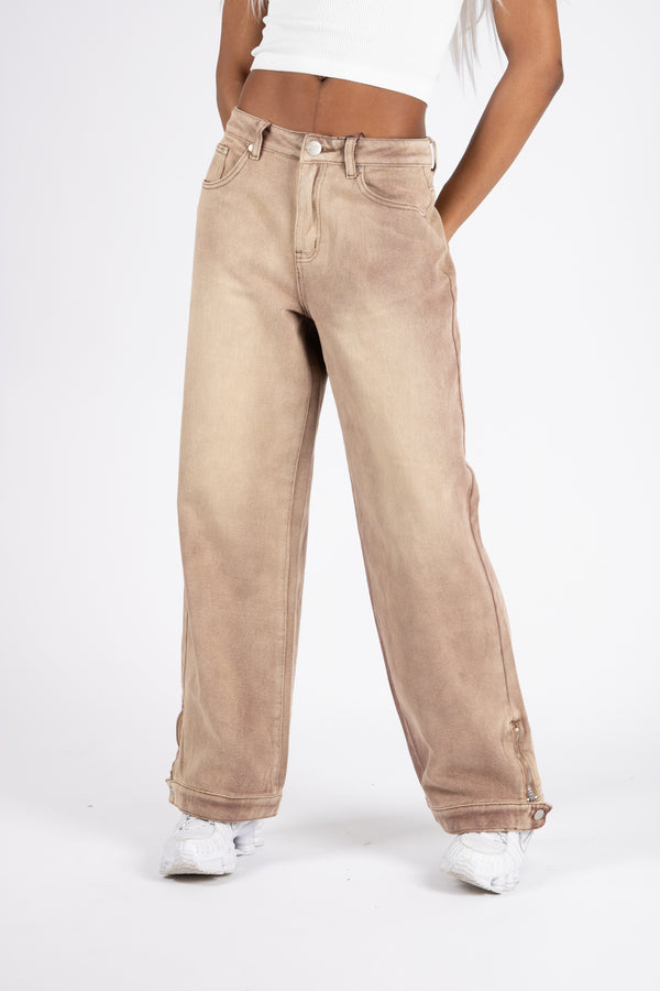 Liquor & Poker Sand Wash Brown Contrast Stitch Barrel Varsity Jeans