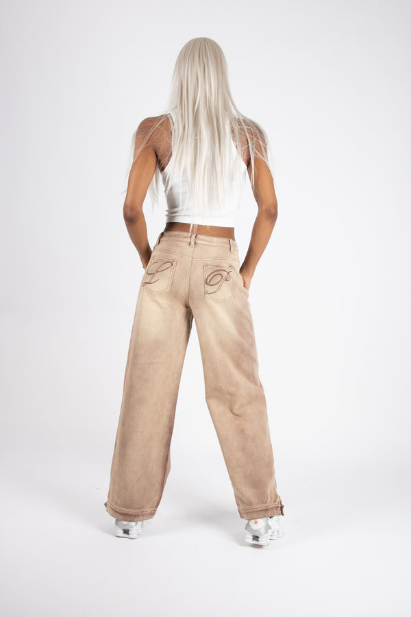 Liquor & Poker Sand Wash Brown Contrast Stitch Barrel Varsity Jeans