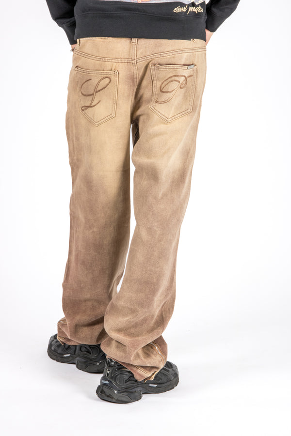 Liquor & Poker Sand Wash Brown Contrast Stitch Barrel Varsity Jeans