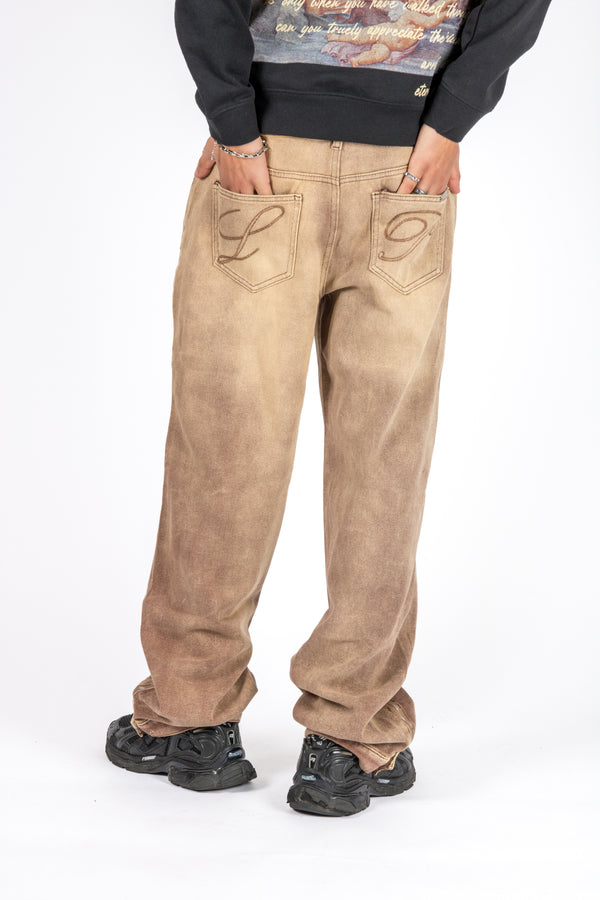 Liquor & Poker Sand Wash Brown Contrast Stitch Barrel Varsity Jeans