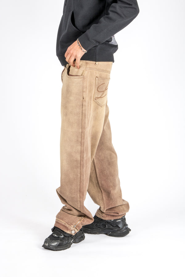 Liquor & Poker Sand Wash Brown Contrast Stitch Barrel Varsity Jeans