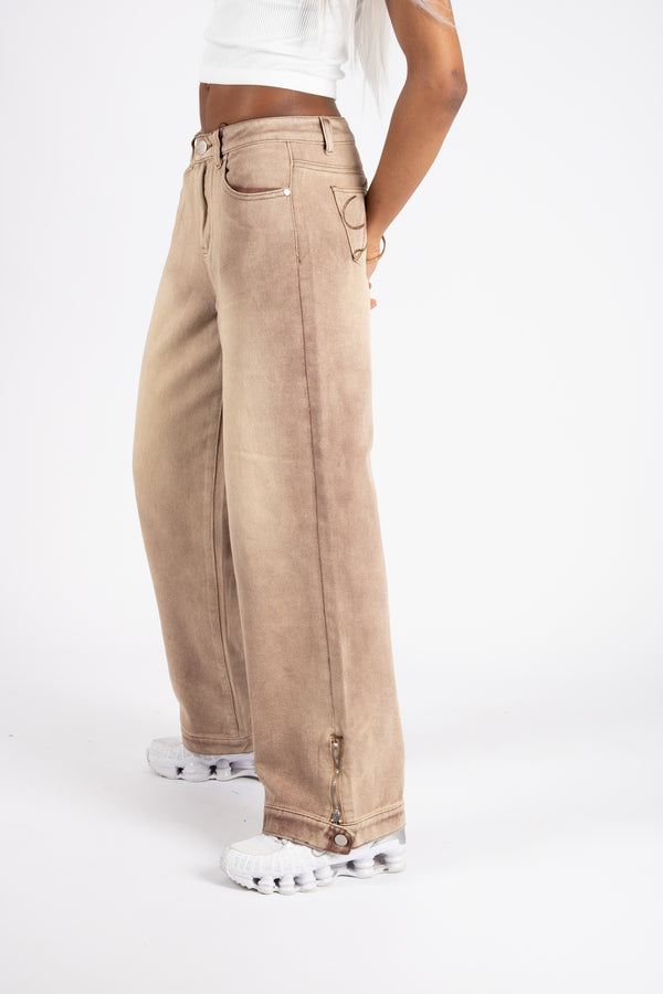 liquor & poker Sand Wash Brown Contrast Stitch Barrel Varsity Jeans