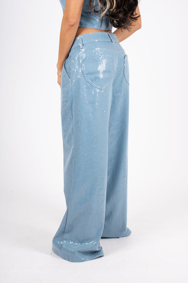 Liquor & Poker Sequin Blue Denim Baggy Heart Pocket Jean