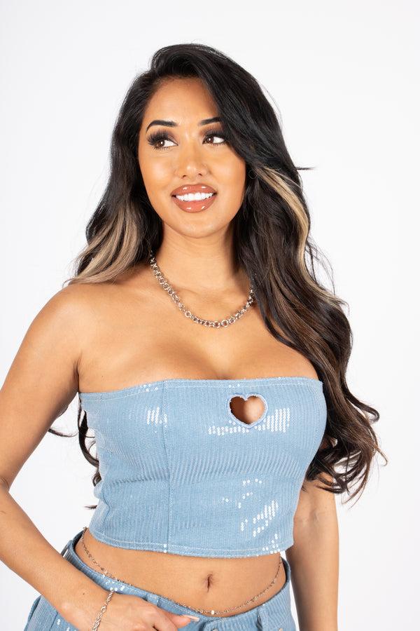 Liquor & Poker Sequin Blue Denim Bandeau Cut Out Heart Crop Top