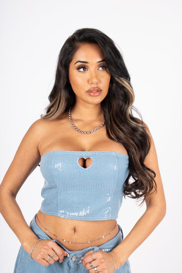 liquor & poker Sequin Blue Denim Bandeau Cut Out Heart Crop Top