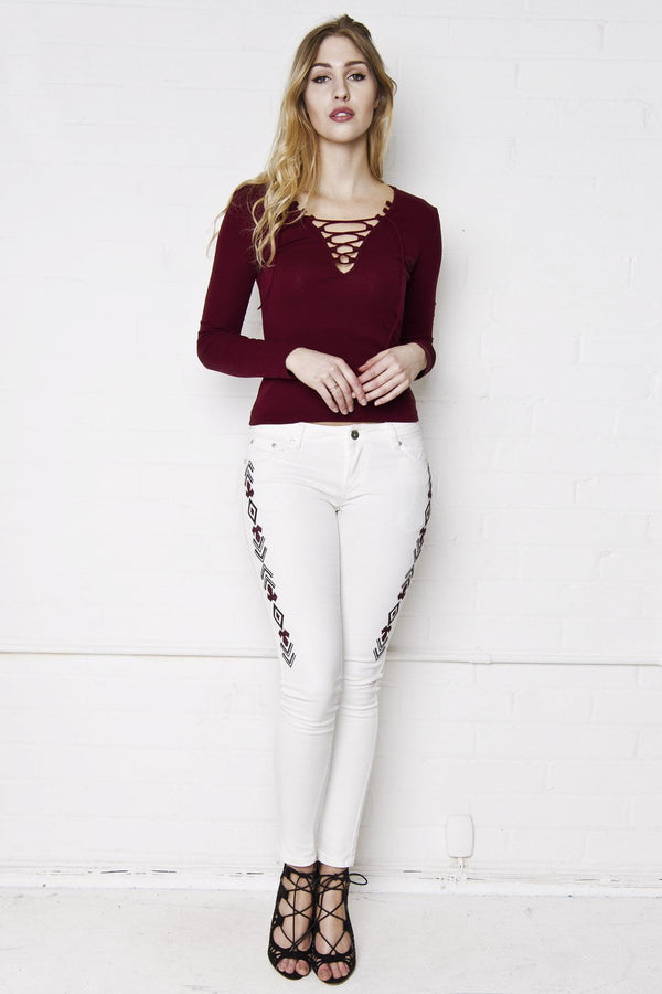 liquor & poker Shawnee Low Rise Skinny Jeans With Festival Aztec Embroidery