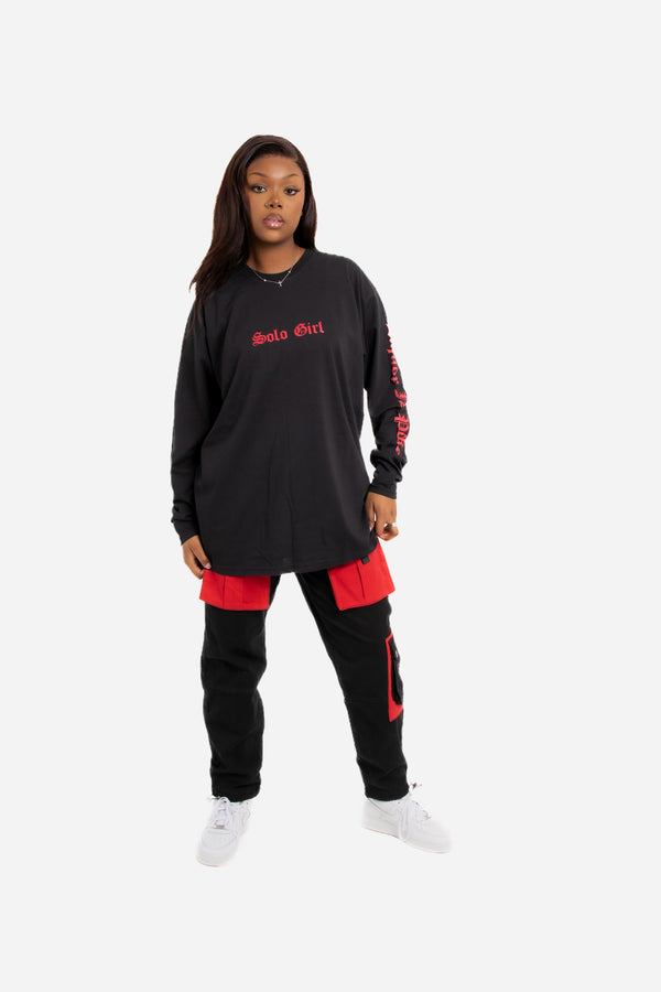 Liquor & Poker Solo Girl Long Sleeve T Shirt With Safari Print In Black