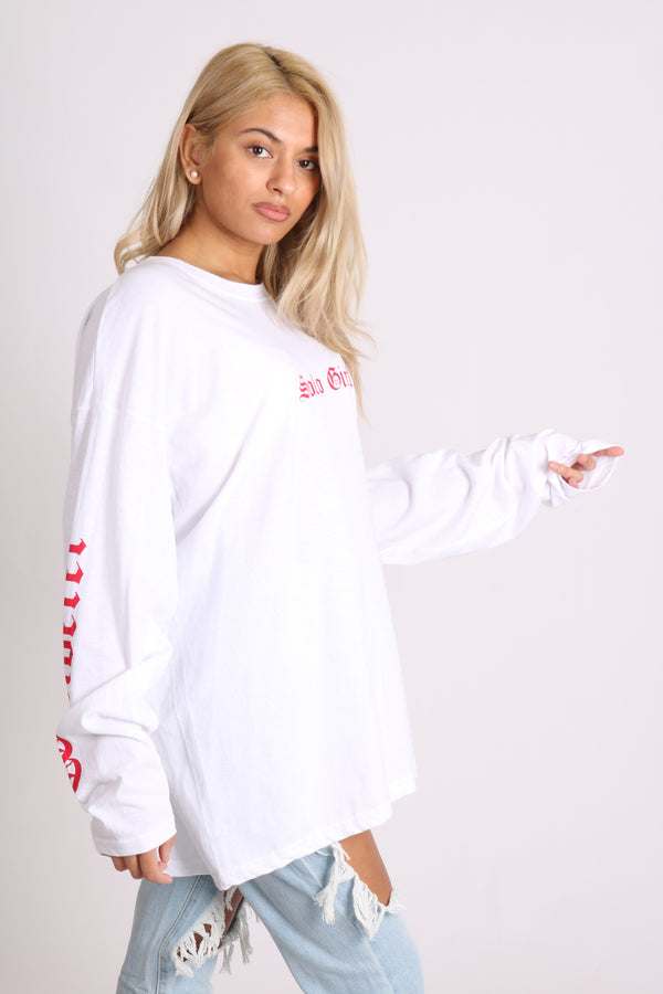 Liquor & Poker Solo Girl Long Sleeve T-Shirt With Safari Print In White