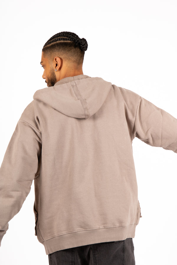 Liquor & Poker Stone Grey Utility Frayed Seams Hoodie
