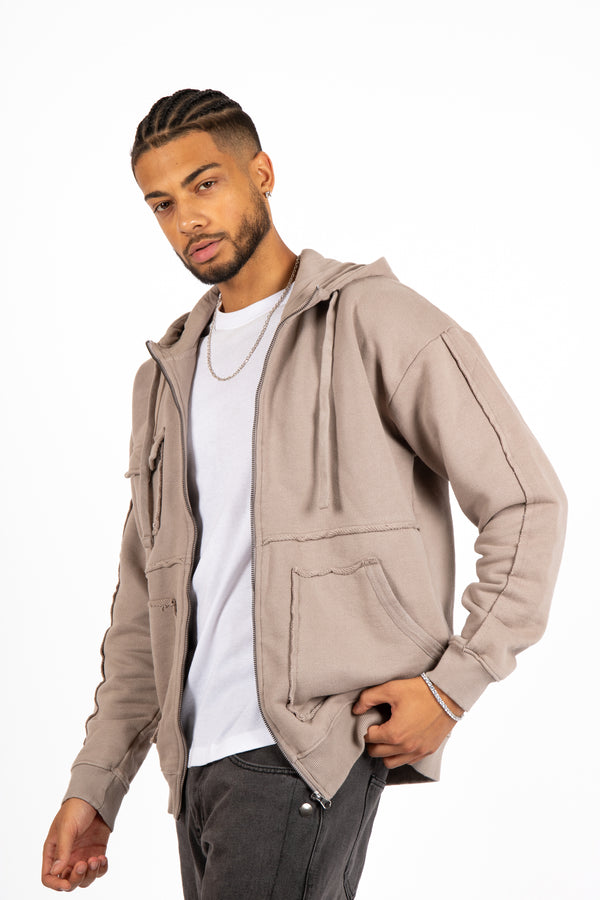 Liquor & Poker Stone Grey Utility Frayed Seams Hoodie
