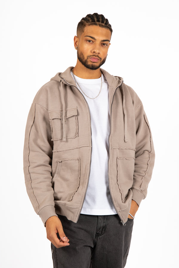 liquor & poker Stone Grey Utility Frayed Seams Hoodie