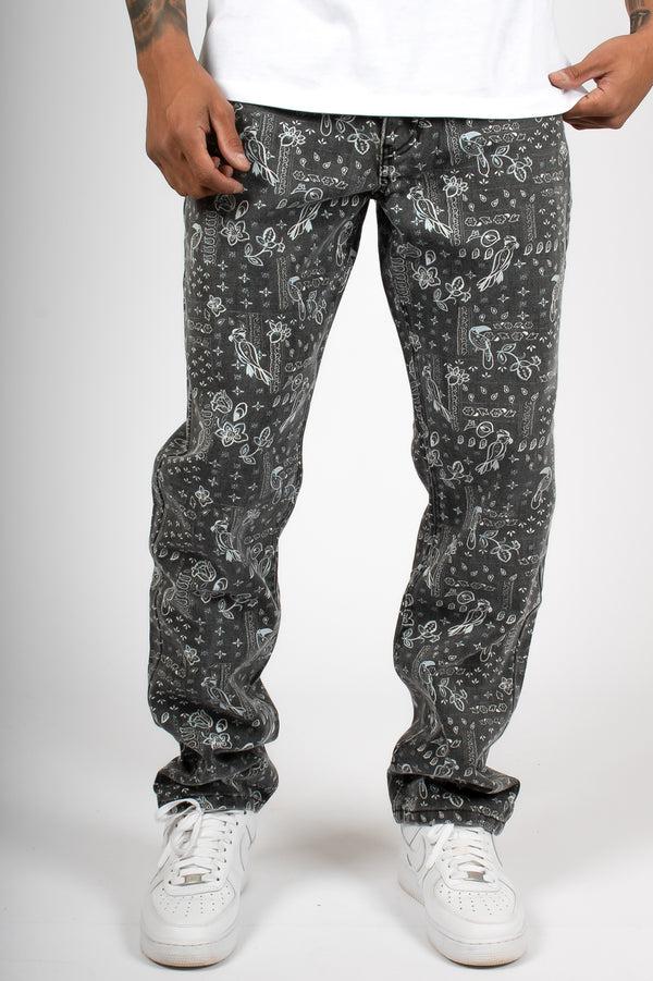 liquor & poker Straight Leg Denim Jeans In Black Paisley