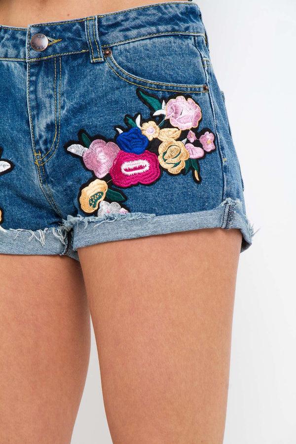 Liquor & Poker Topeka Blue Denim Shorts With Floral Patch