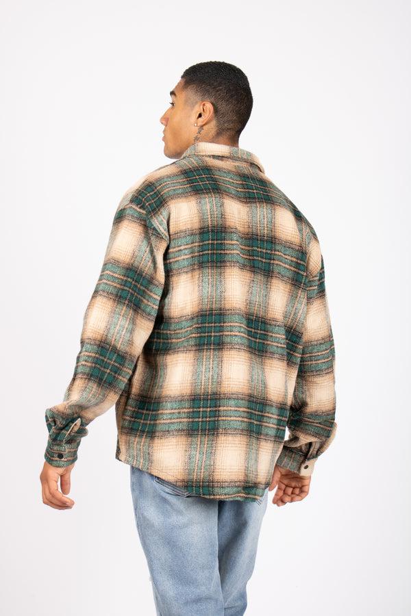 Liquor & Poker Utility Flannel Overshirt In Beige And Green