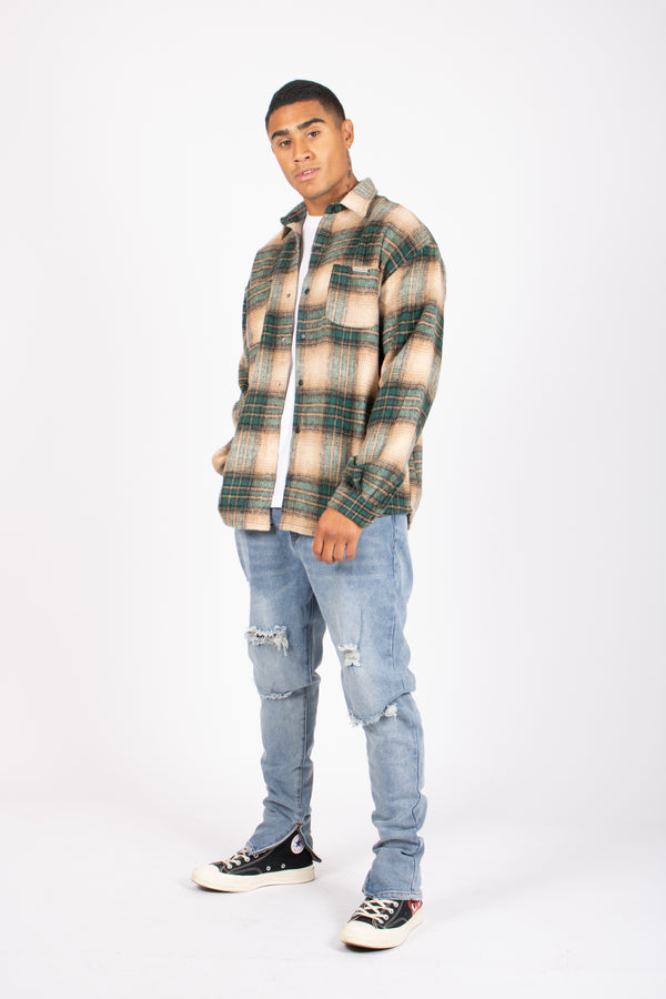 Liquor & Poker Utility Flannel Overshirt In Beige And Green