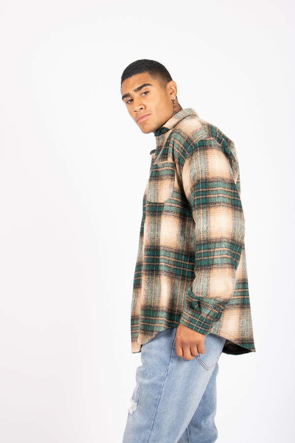 Liquor & Poker Utility Flannel Overshirt In Beige And Green