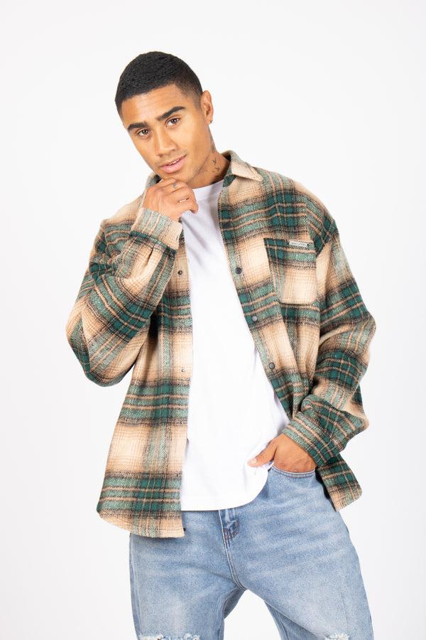 liquor & poker Utility Flannel Overshirt In Beige And Green