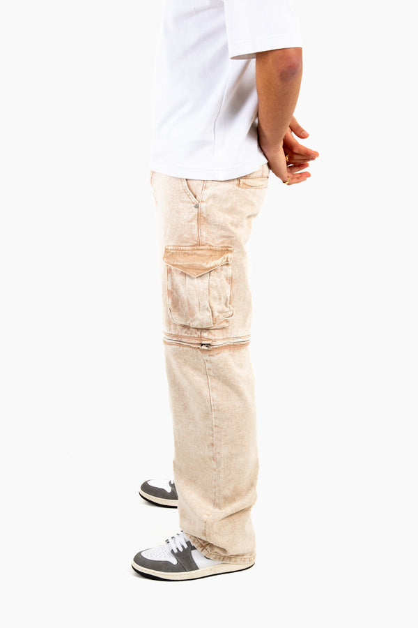 Liquor & Poker Washed Beige Baggy Cargo Trouser Detachable Zip-Off Shorts